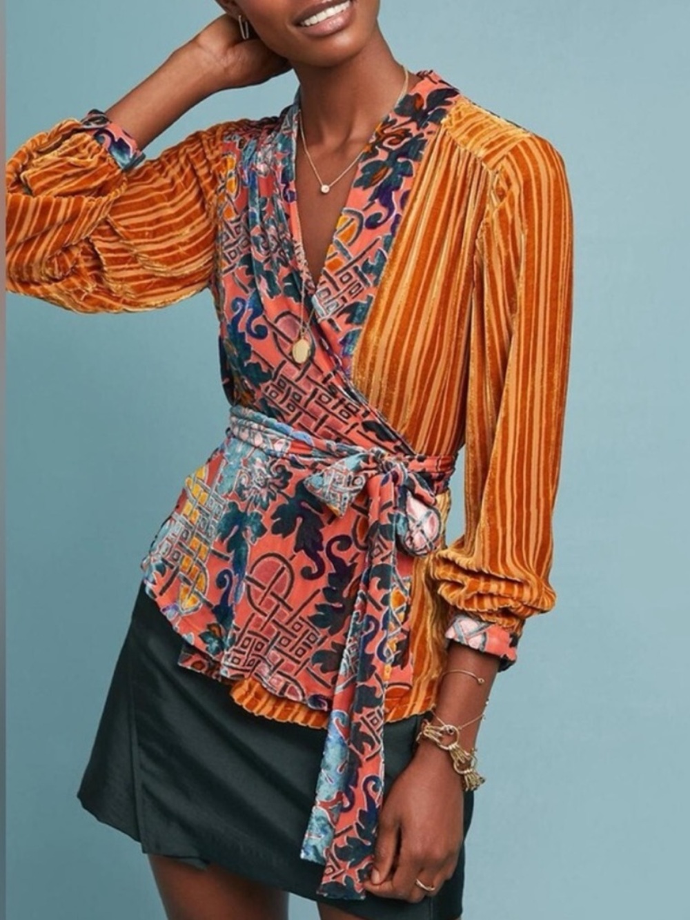 Anthropologie Moulinette Soeurs Velvet Burnout Patchwork Wrap Top Size Large